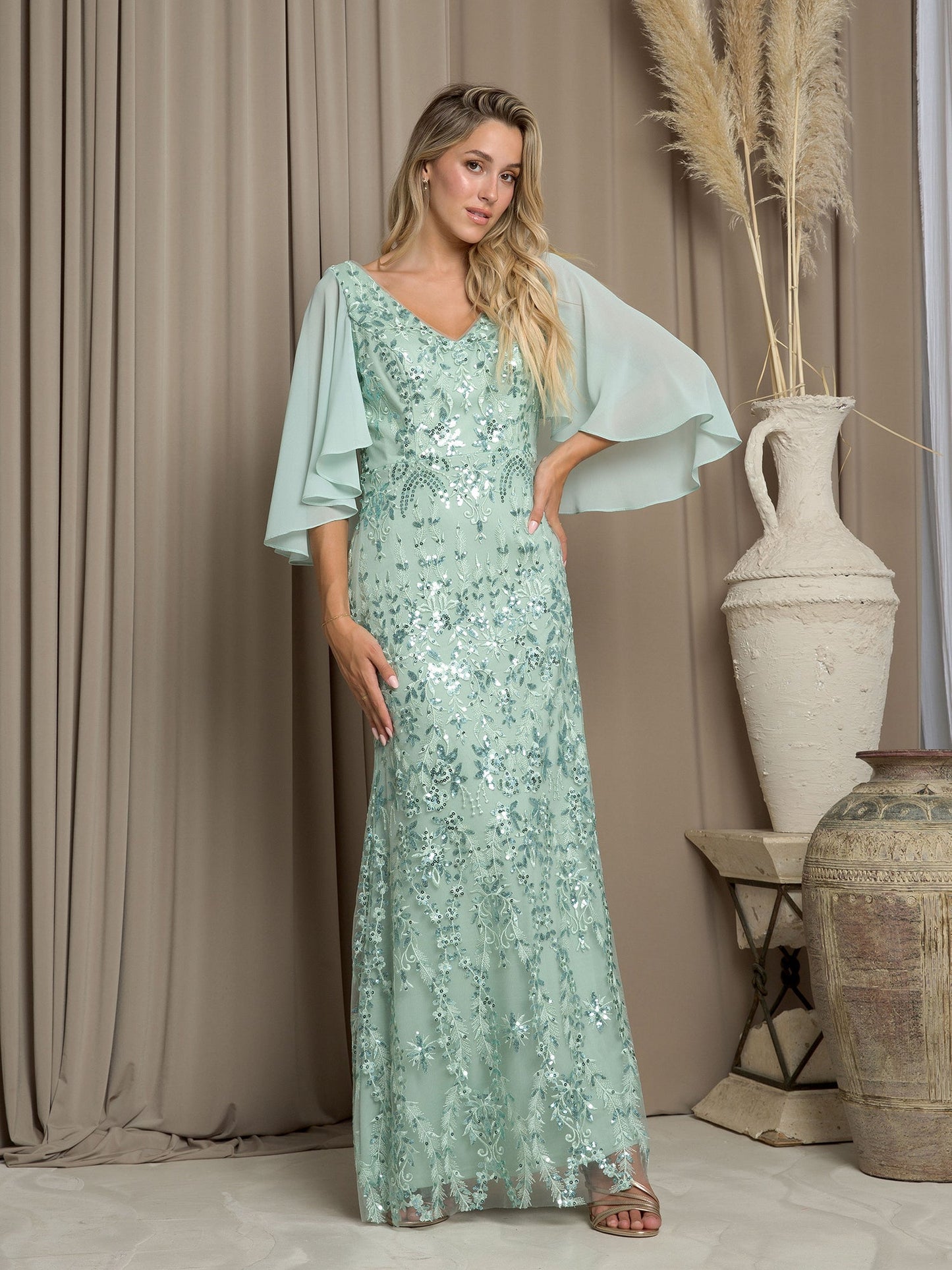Robe Longue Formelle Pour Mère De La Mariée Avec Cape En Chiffon À Paillettes Eva Fashion 5255