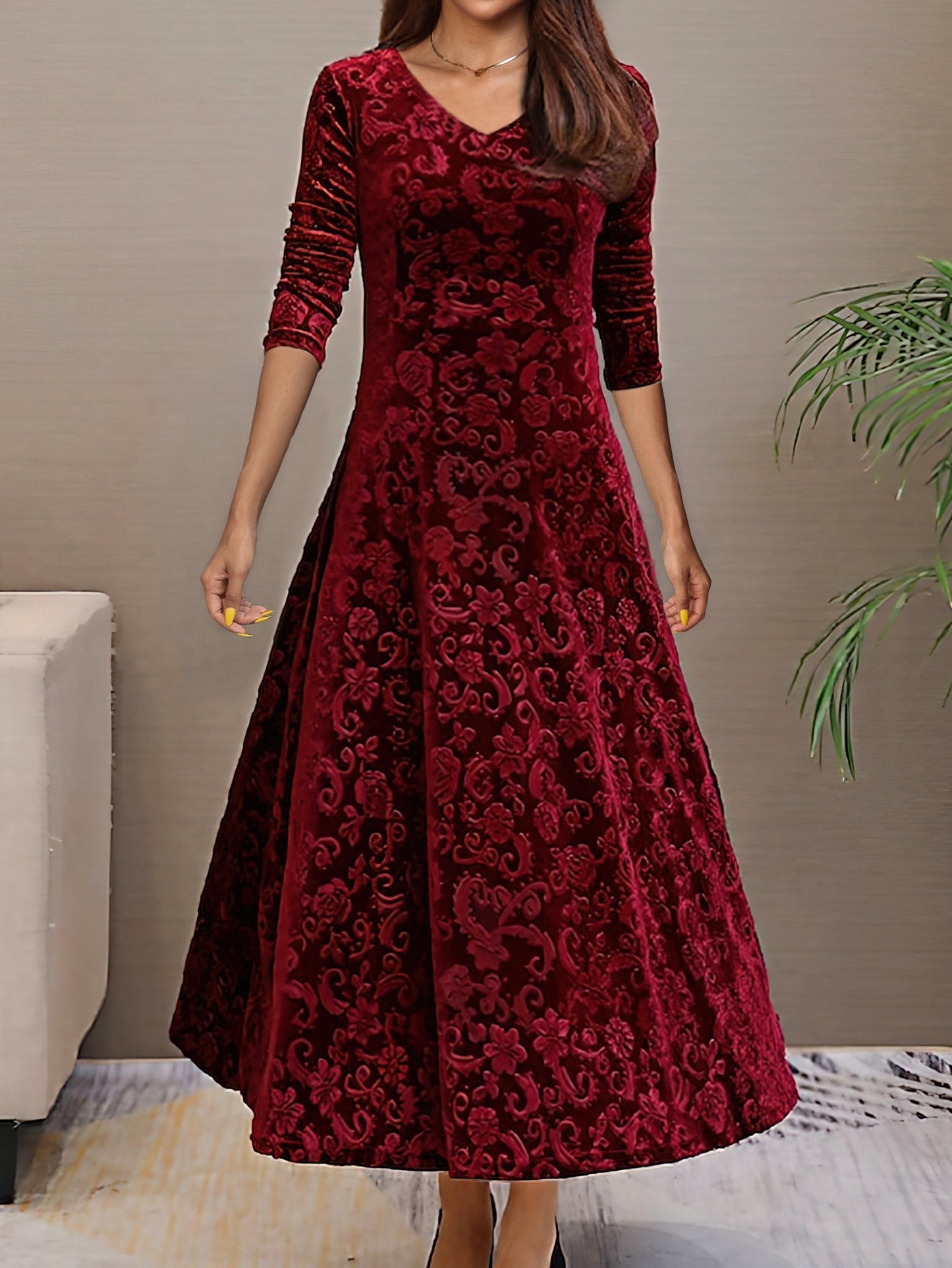 Robe De Soirée Femme En Velours Avec Décolleté En V Silhouette A Ligne Manches Trois Quarts Motif Floral Amawinc