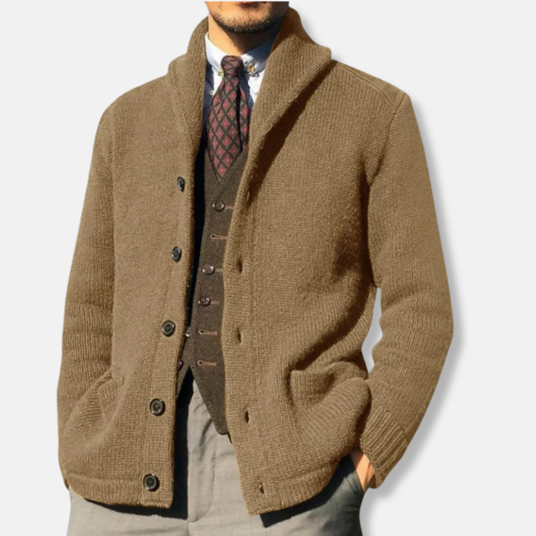Cardigan Homme En Maille Laine Regular Fit Col Châle Bouton Devant Poignets Côtelés