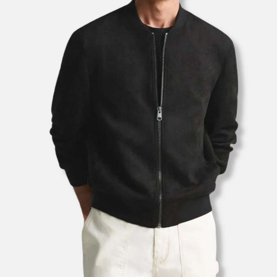 Veste Bomber Homme Effet Suede PU Zip Cognac Bordures Côtelées Coupe Regular Pour Tous Les Jours