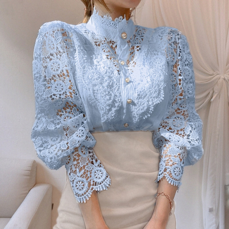 Blouse En Vionté Avec Dentelle Ouverte Respirante Et Col Perlé Détails Manches Bouffantes Été Charme Parisien