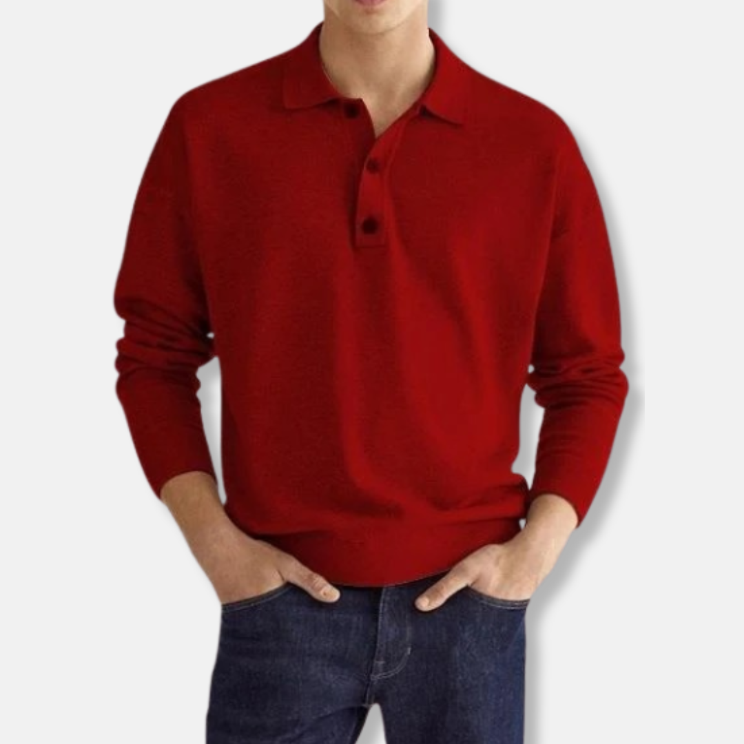 Pull Mélange de Coton Col Polo Manches Longues Coupe Décontractée Style Smart Casual