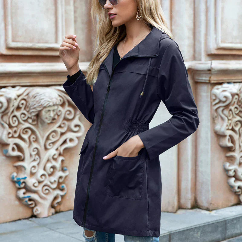 Trench Femme Léger Hydrofuge Imperméable Avec Zip Et Taille Ajustable Manches Longues