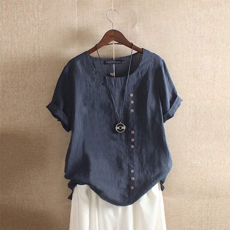 Blouse Femme Décontractée En Mélange Coton Manches Courtes Boutons Devant Asymétriques Nordisk Flair
