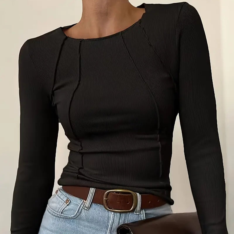 Rivone Top Maille Slim Sans Couture Avec Panneaux Frontaux Texturés Et Ajustement Courbé Pour Superposition Quotidienne