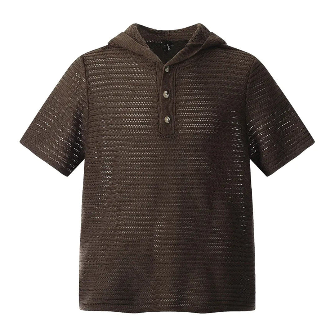 T Shirt Tricot À Capuche En Coton Et Polyester Avec Fermeture À Trois Boutons Et Coupe Classique