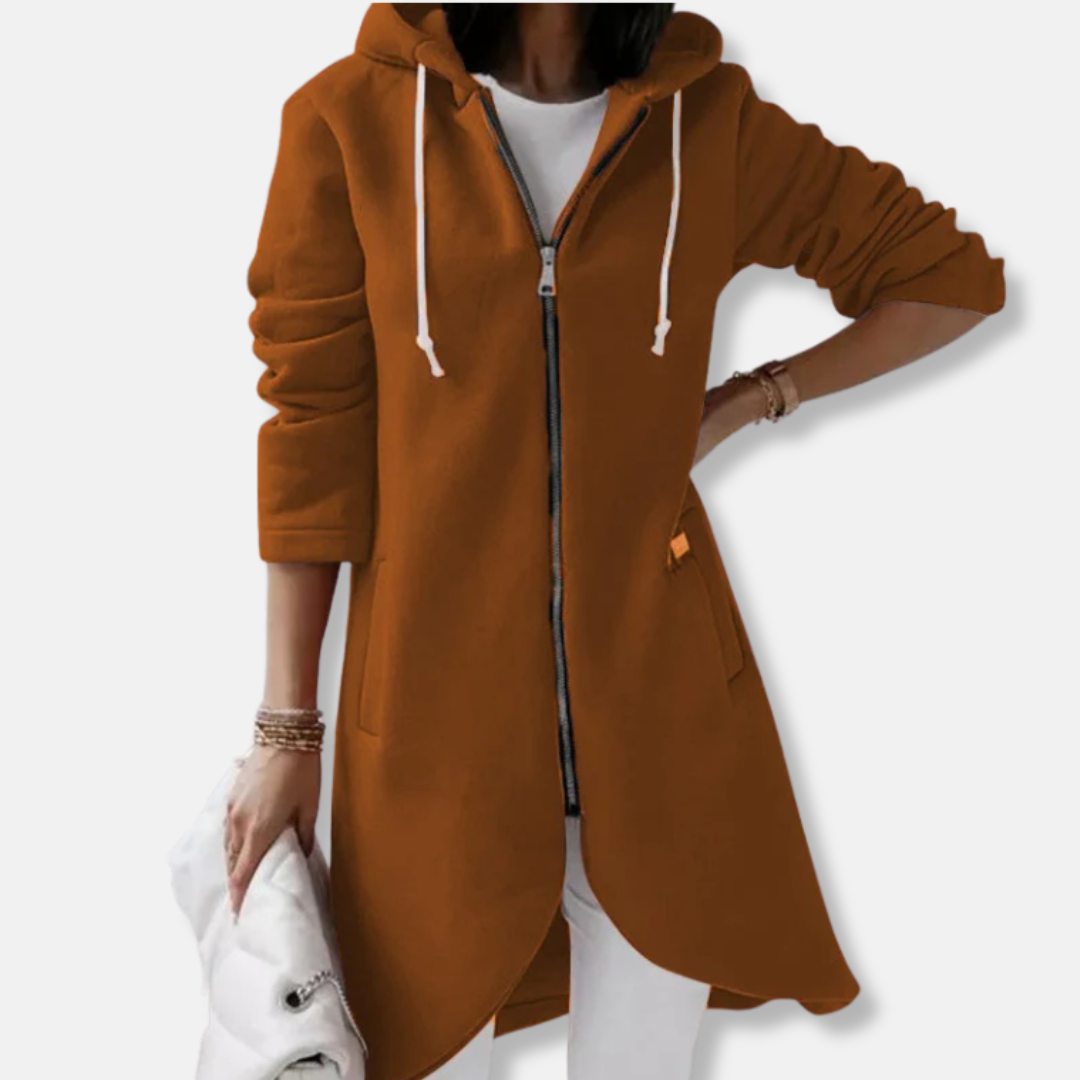 Cardigan Femme À Capuche En Maille Longue Avec Zip Complet Et Ourlet Asymétrique Coupe Décontractée