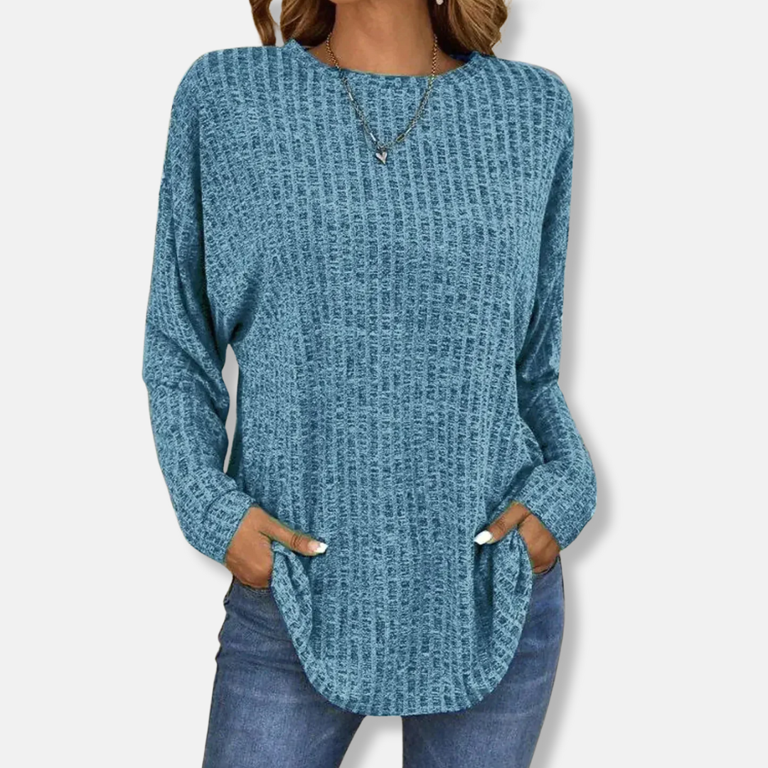 Pull Femme Tricot Côtelé À Coupe Décontractée Manche Longue Avec Ourlet Courbé Pour Automne Hiver