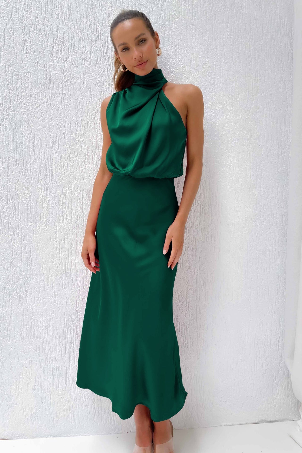 Amawinc Robe Satin Maxi Diane Pour Mariage Fête Soirée Romantique Printemps Été Élégante
