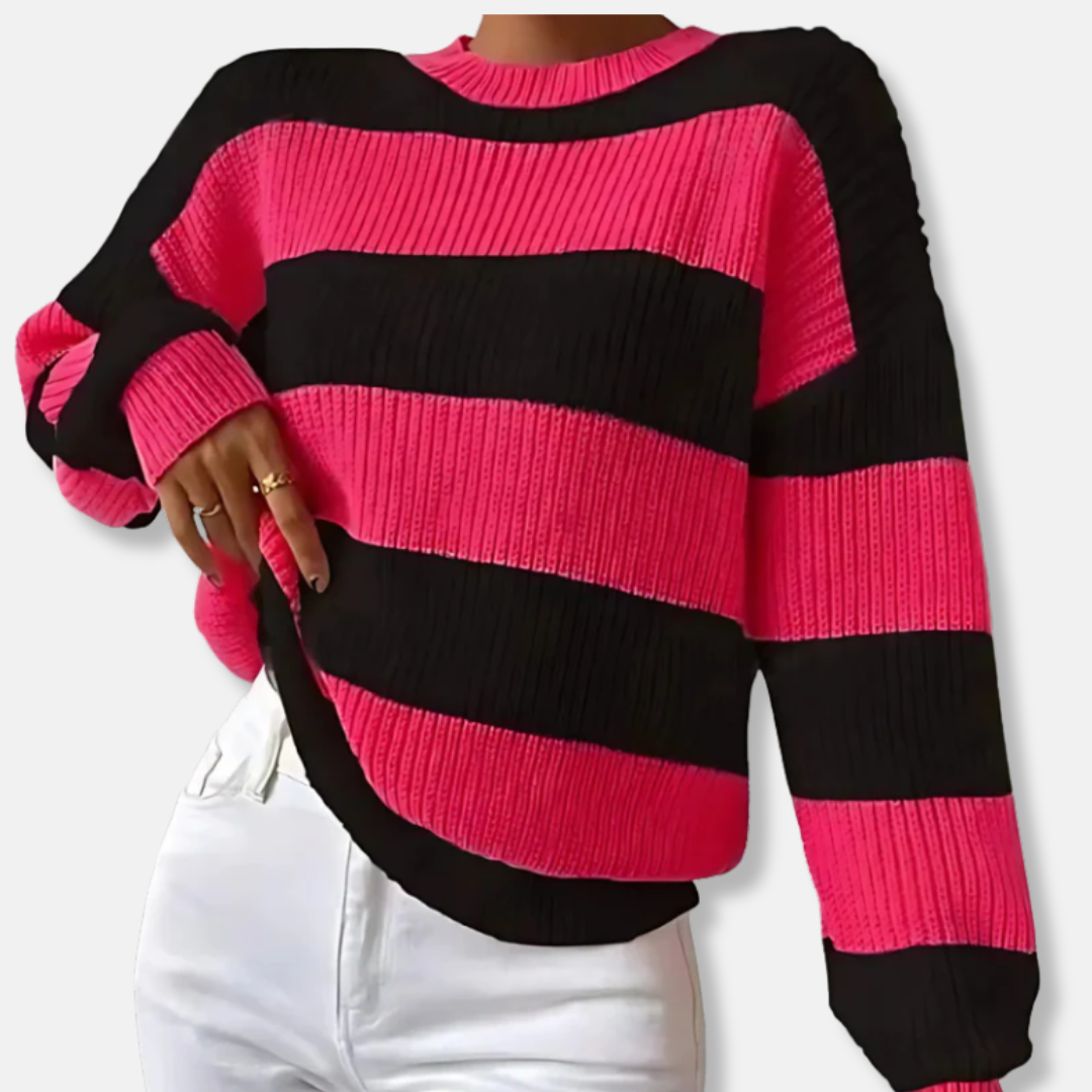 Sweat Femme En Maille Côtelée Coupe Décontractée Manches Ballon Col Rond Rayé Pour Femme