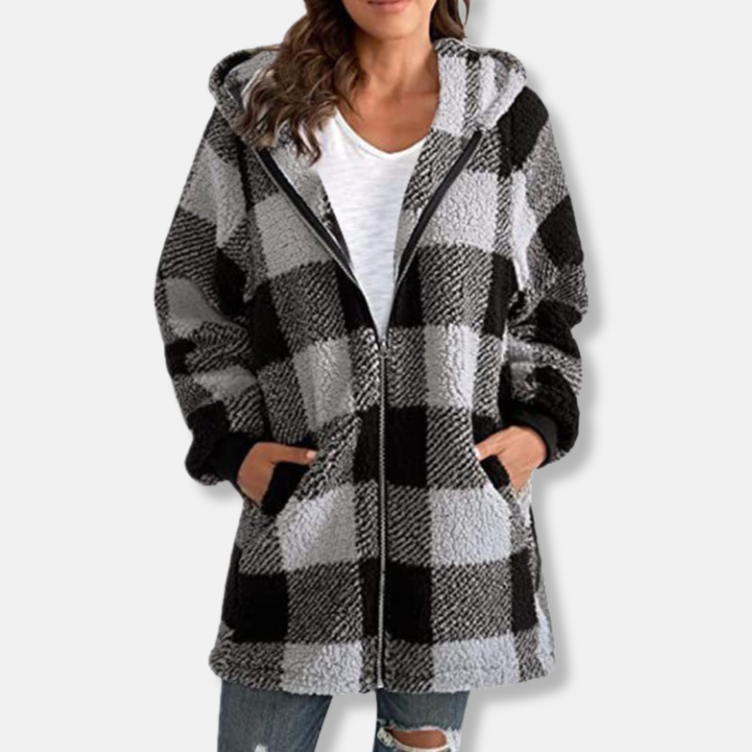 Veste À Capuche Femme Oversize En Maille Douce Longue Avec Zip Complet Et Motif Carreaux