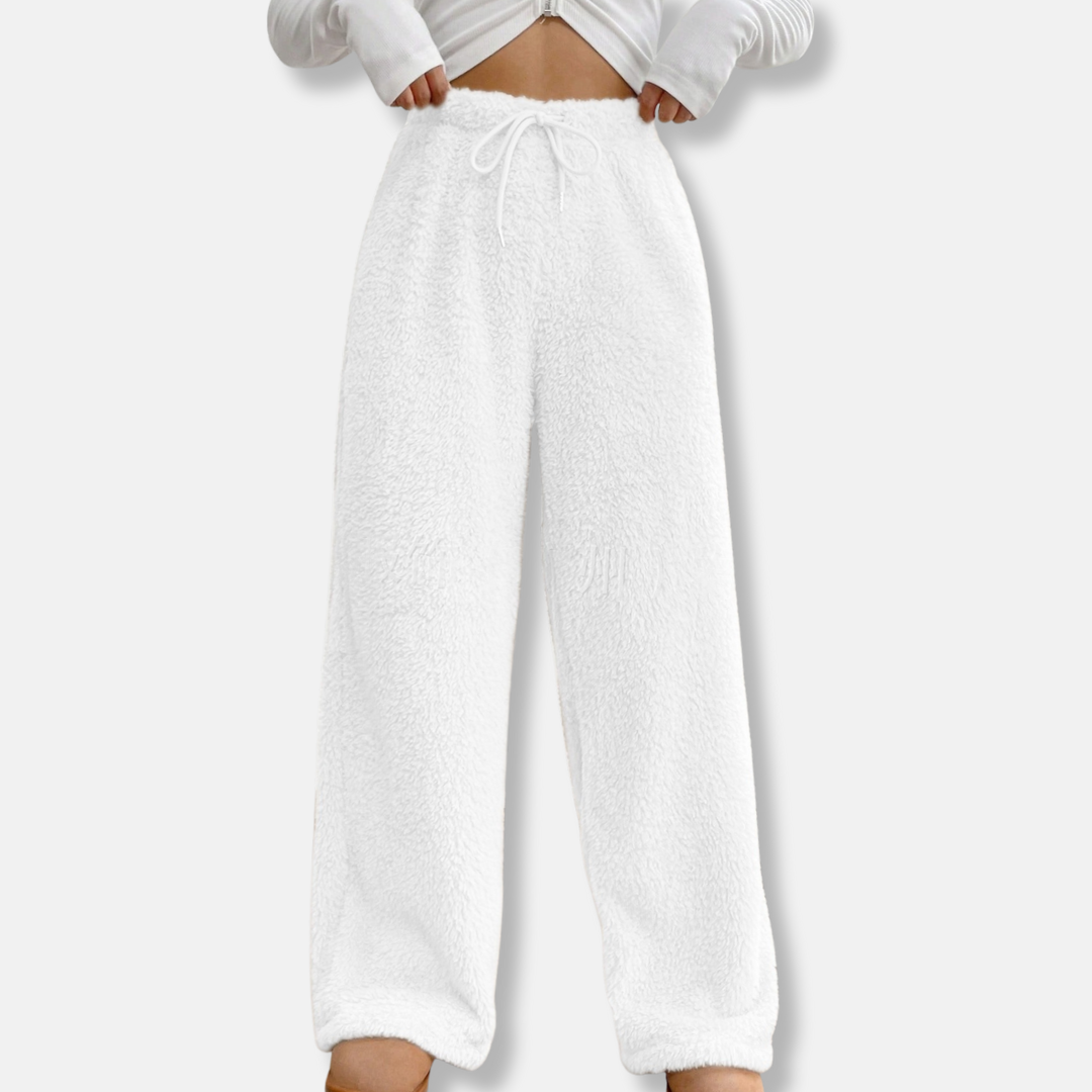Pantalon de Détente pour Femme en Polaire Moelleuse, Coupe Ample, Jambe Large, Taille à Cordon, Longueur Totale