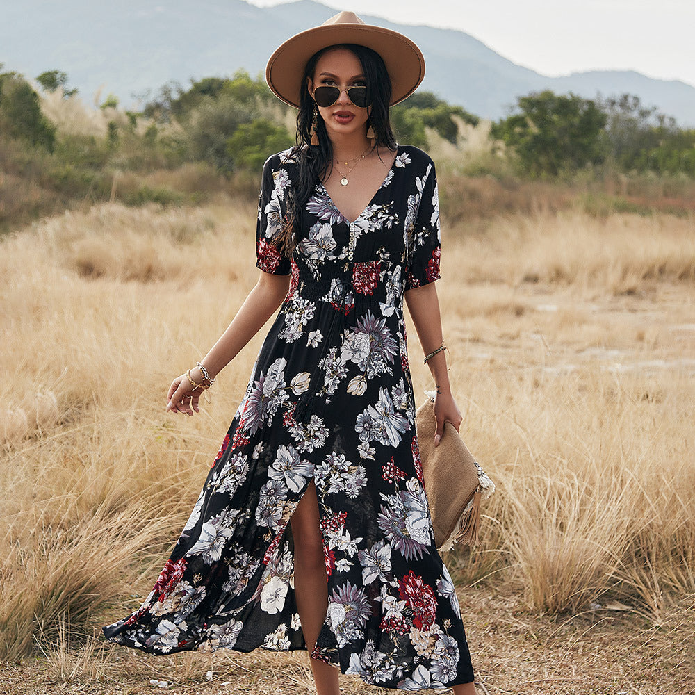 Fudus Sommerkleid: Blumenmuster, V-Ausschnitt, elastischer Bund