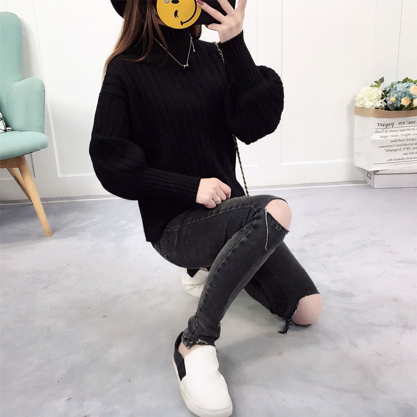 Damen Strickpullover mit hohem Kragen und lässigem Schnitt Amawinc