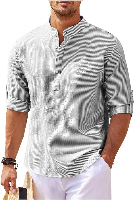 Chemise Pour Homme À Col Mao À Coupe Décontractée En Coton Léger Avec Manches Boutonnées Pour Le Quotidien