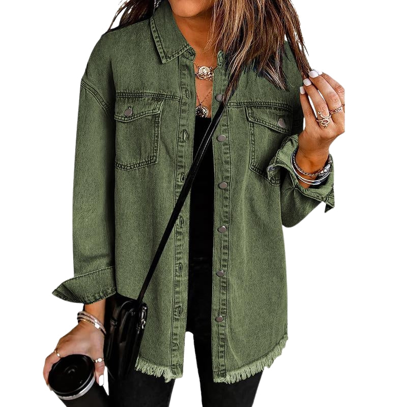 Veste En Denim Branu À Franges Brutes Et Ourlet Effiloché, Coupe Légèrement Ample, Fermeture À Pression