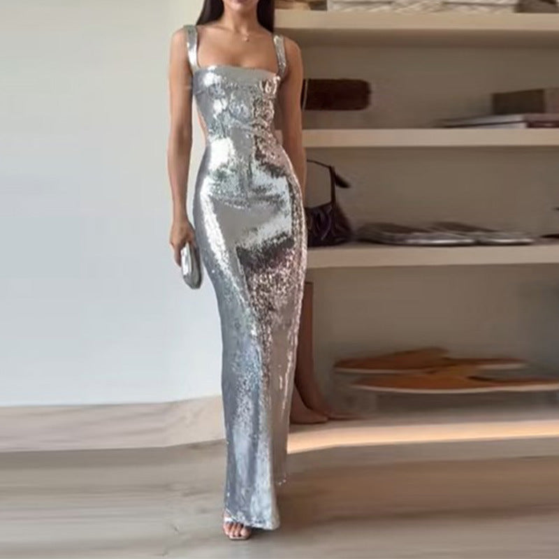 Fudus Glitzer-Neckholderkleid mit quadratischem Ausschnitt und offenem Rücken