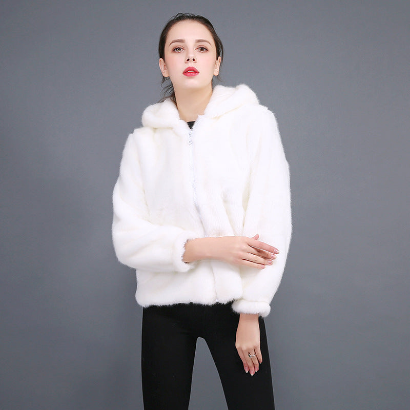 Damen Flauschige Kunstpelzjacke mit Kapuze Amawinc