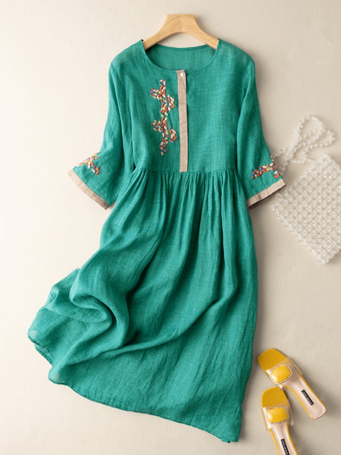 Robe Femme En Coton Et Lin Brodée Coupe Décontractée Fermeture Par Boutons Manches Trois Quarts