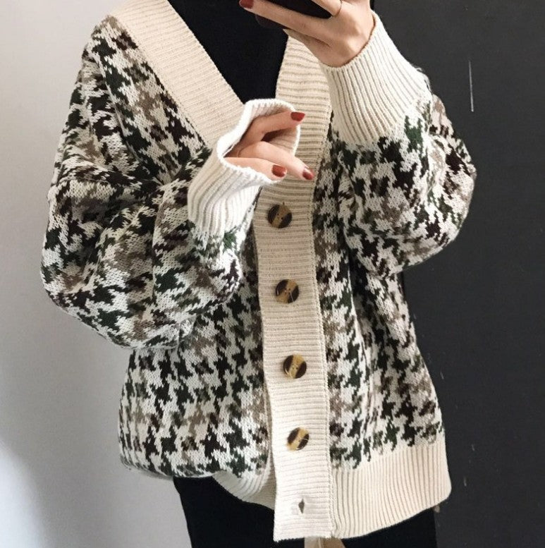 Damen Strickjacke mit modernem Hahnentrittmuster und knöpfbarem Design Amawinc