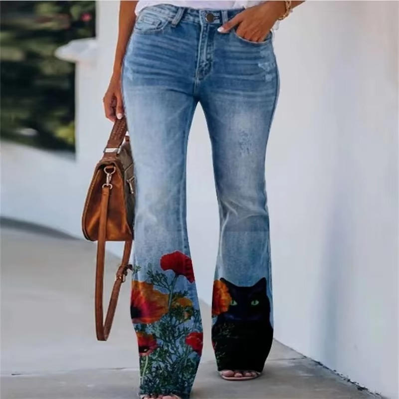 Jean Femme Floral Imprimé Rétro En Denim Confortable Coton Mélangé Pour Tous Les Jours