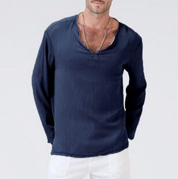 T Shirt Homme En Mélange Coton Lin Col V Manches Longues Coupe Décontractée Pour Tenue Quotidienne