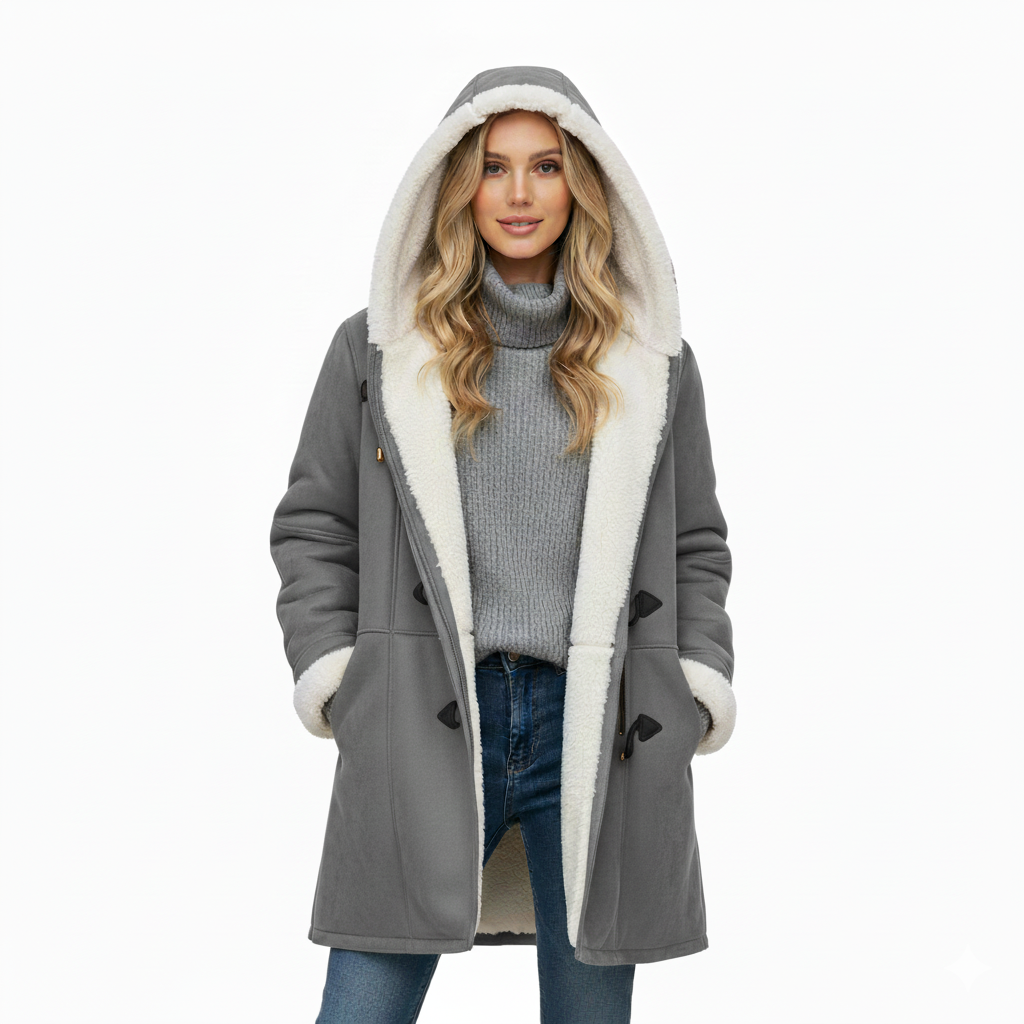 Manteau Capuche Confort Femme Chaud Mi Long Avec Doublure Peluche Et Fermeture À Bascule