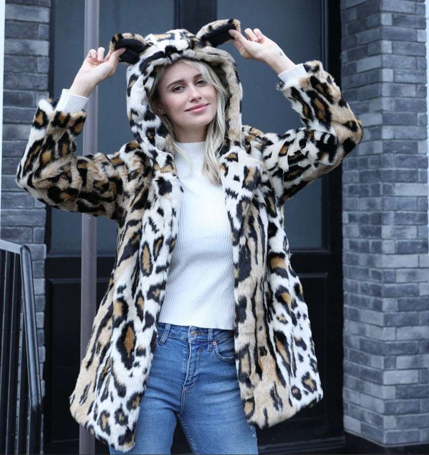 Damen Kuscheliger Pelzmantel mit Kapuze und Katzenohren Amawinc