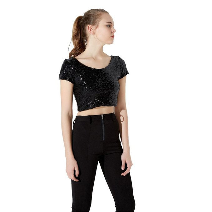Damen Crop Top mit glamourösem Paillettenbesatz und skaterförmigem Rock Amawinc