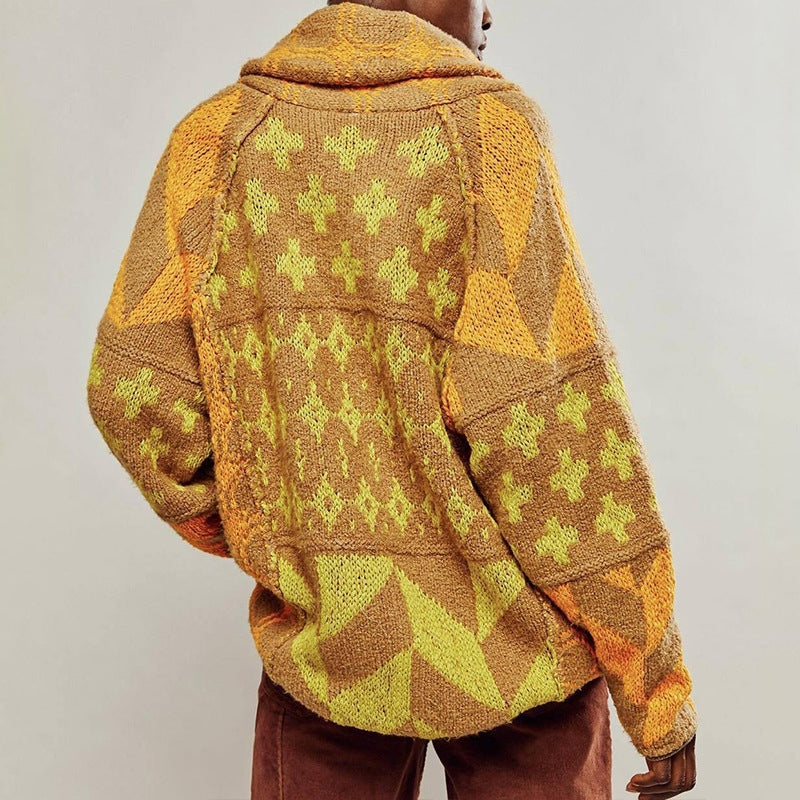Cardigan Tricoté Oversize Avec Motif Géométrique Tissé Dense Et Chaud Pour Un Style Confortable