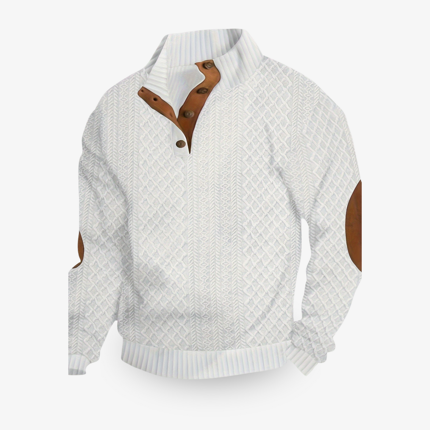 Pull Homme En Maille Cable Avec Col Haut Boutonné Et Patchs Aux Coudes Style Nordique