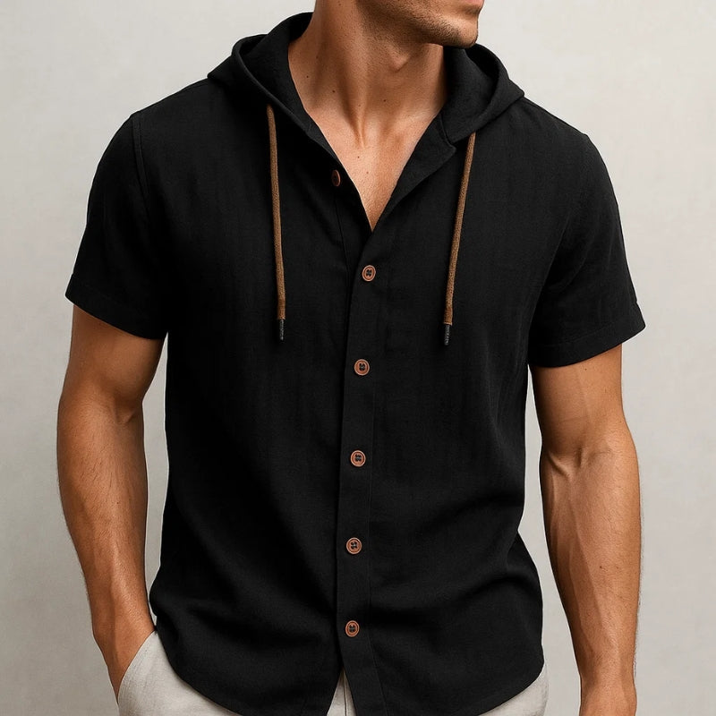 Chemise À Capuche En Mélange Coton-Lin Léger Avec Manches Courtes Avec Cordon Et Ourlet Courbé