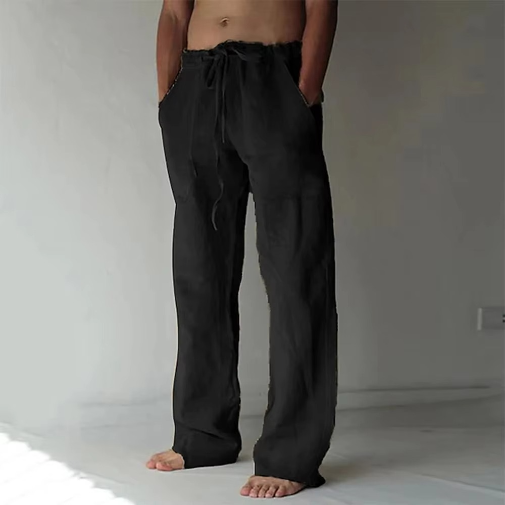 Pantalon Homme Été Décontracté À Cordon De Serrage Couleur Unie Léger Et Respirant Coupe Droite