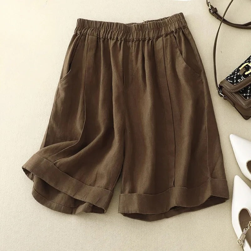 Shorts En Lin Adele Léger Avec Taille Élastique Et Ourlet Roulé Poches Latérales Pour Un Style Décontracté