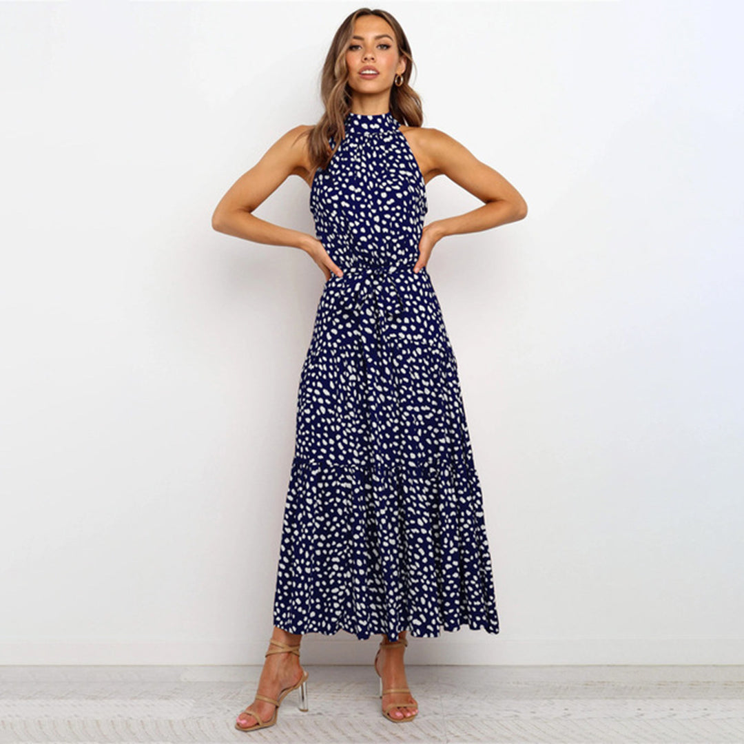 Robe à Col Halter Sans Manches Maxi à Taille Élastique à Pois Élégante Amawinc Pour Été