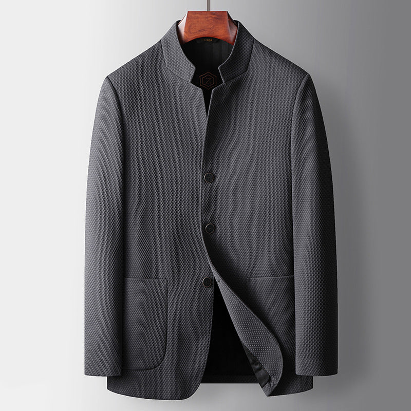 Veste Blazer Homme Coupe Ajustée En Mélange De Laine Col Mandarin Simple Boutonnage Pour Bureau Moderne