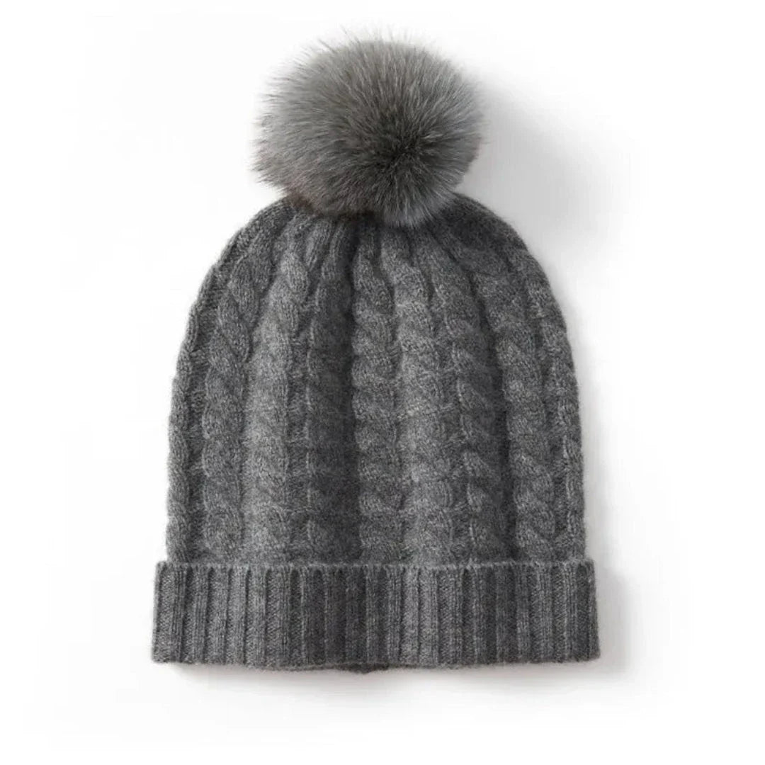 Bonnet En Cachemire À Torsades Avec Pompon En Fourrure Et Bord Côtelé Plié Pour Femme