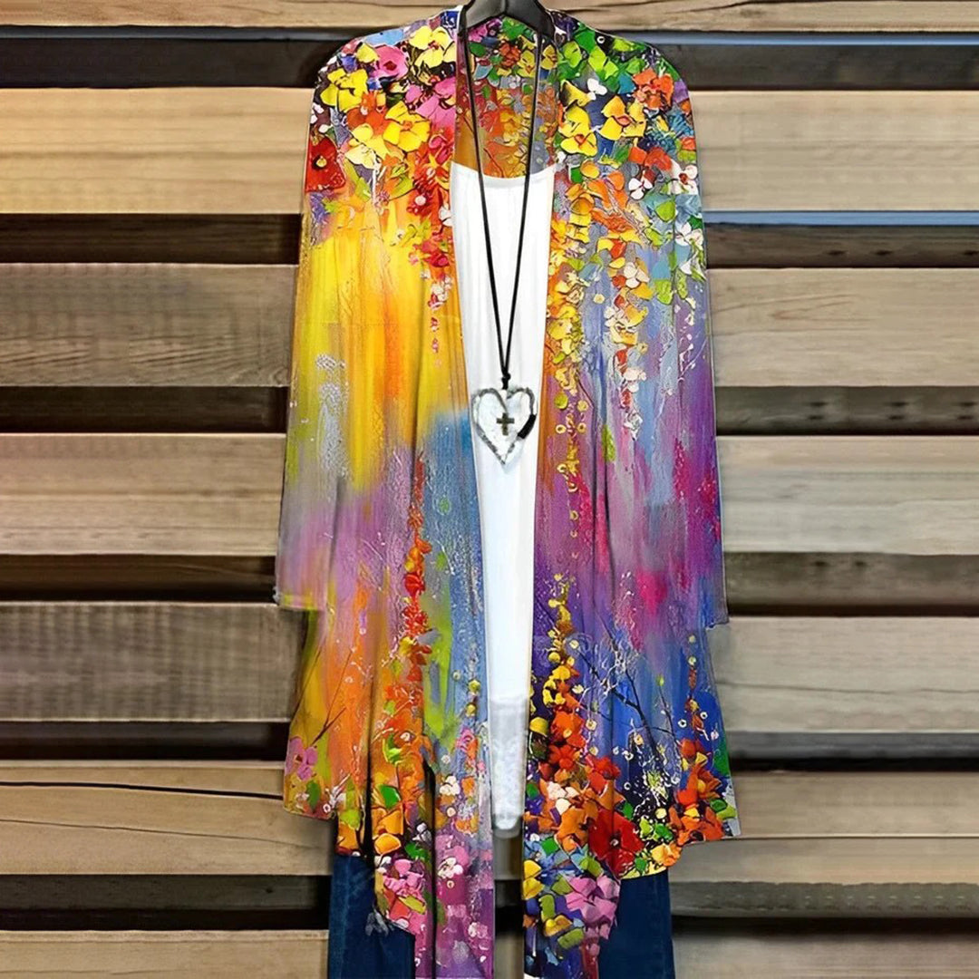 Kimono Cardigan Femme Chiffon Léger Respirant Manches Longues Élégant Ouvert Devant Avec Motifs Floraux