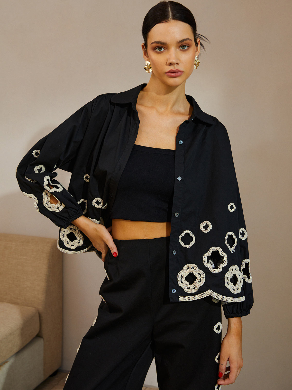 Baumwollbluse mit Hohlstickerei von Fudus