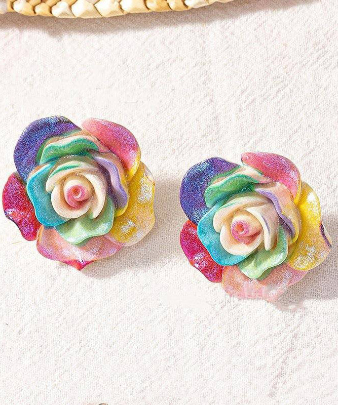Magnifiques boucles d'oreilles à tige en résine et alliage arc-en-ciel en forme de rose - Amawinc