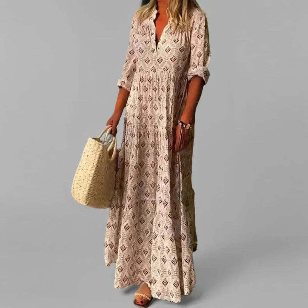Robe Maxi Imprimé Vintage Col Debout Belle Waylynn Décontractée Confortable Pour Voyage Et Vie Quotidienne