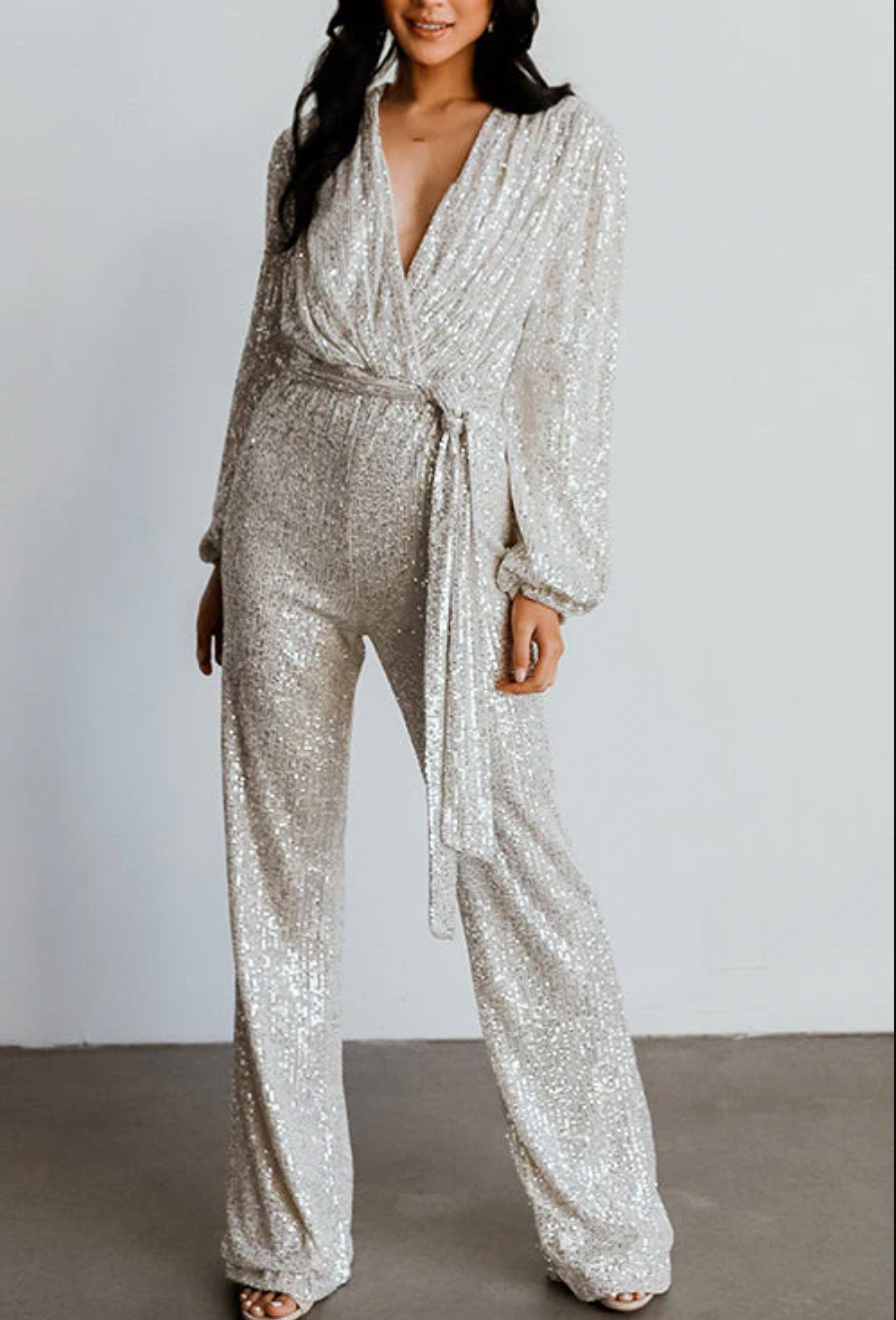 Combinaison Femme Sequins Avec Design Wrap Manches Longues Large Pantalon Ceinture Élégante Pour Soirée