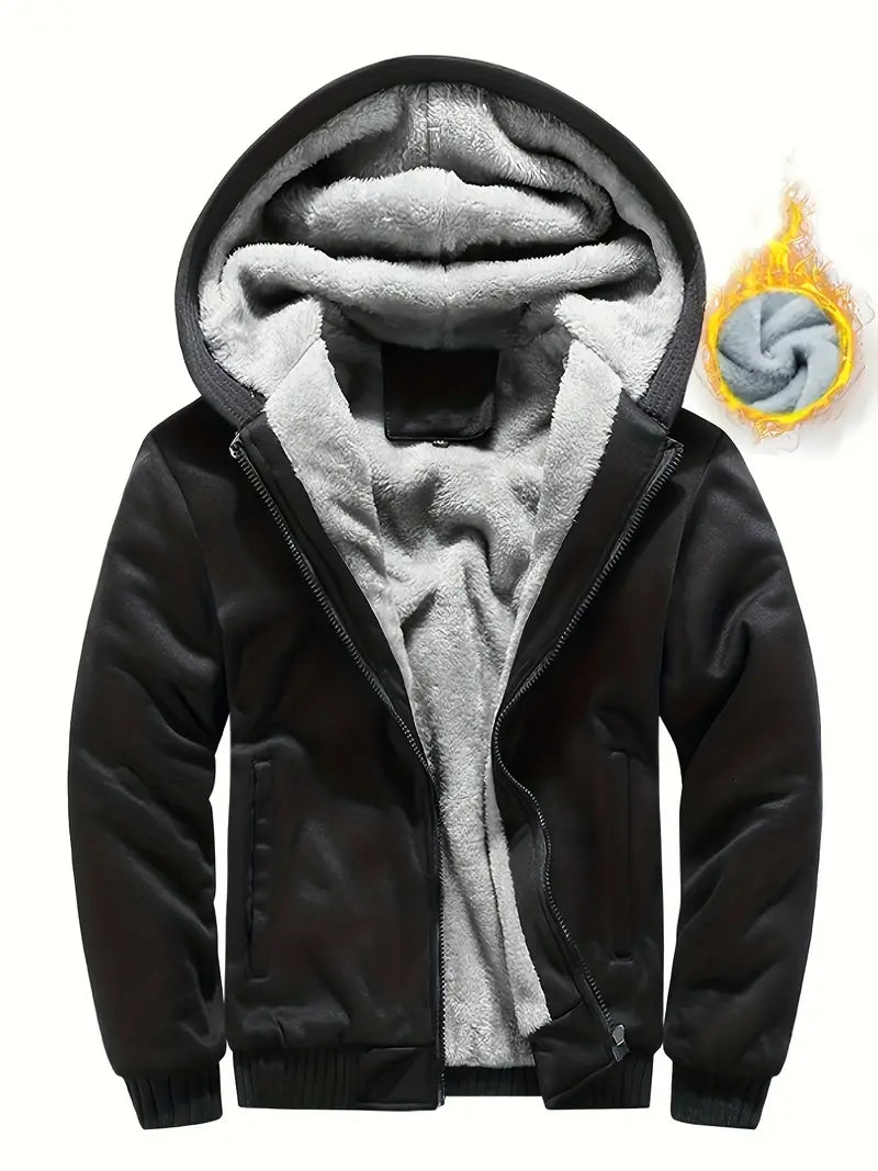 Liazen Fleece Hooded Zipper Jacket, Solid Color Thick Casual Hoodie