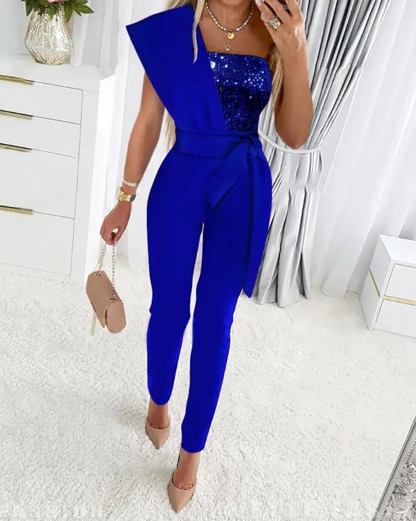 Savannah Combinaison À Une Épaule Avec Sequins Brillants Silhouette Structurée Confort Moderne Pour Fêtes