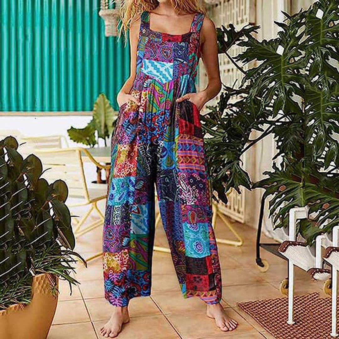 Combinaison Femme Ample Patchwork Motif Coloré Avec Poches Latérales Jambes Longues