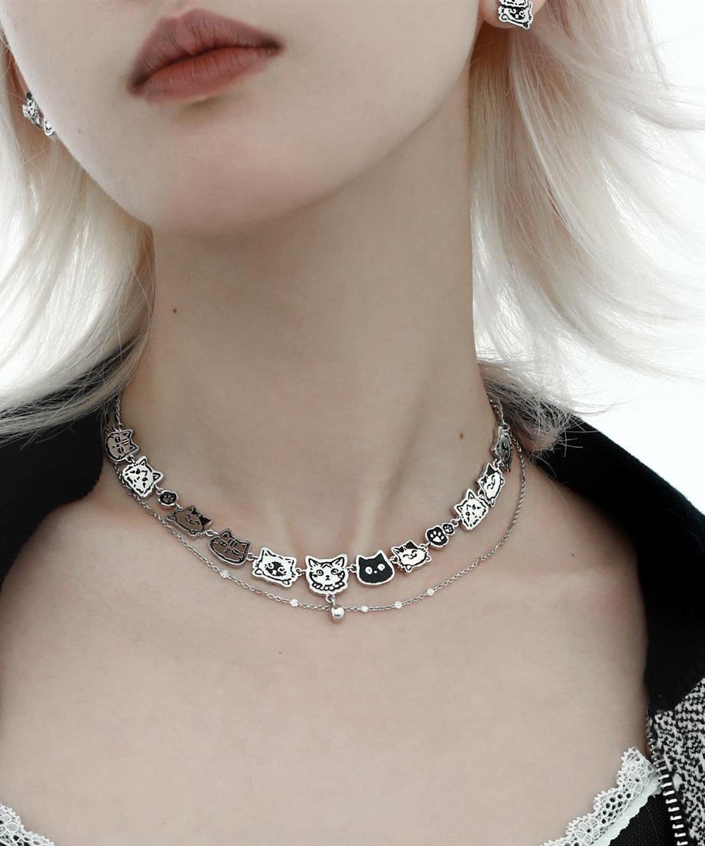 Collier double couche en acier inoxydable et soie de Bohème avec motif graffiti et chat - Amawinc