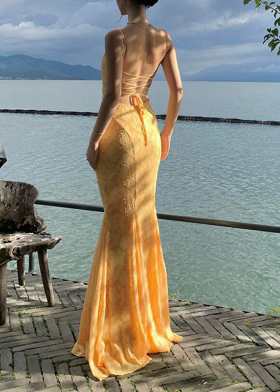 Robe longue bohème jaune dos nu en dentelle à bretelles spaghetti et queue de poisson sans manches - Amawinc