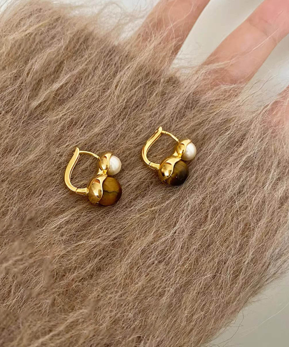 Boucles d'oreilles créoles en alliage de cuivre doré style bohème avec pierre œil de chat et perles - Amawinc
