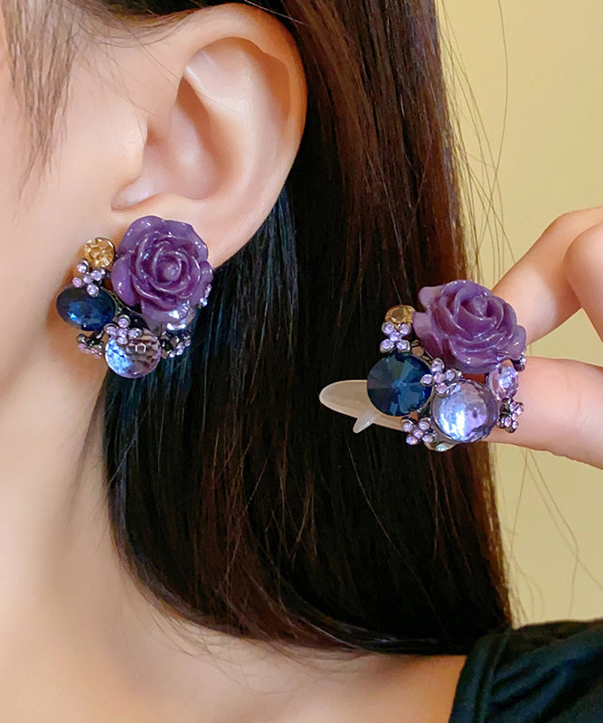 Boucles d'oreilles à tige en verre floral en résine et zircon violet style bohème - Amawinc