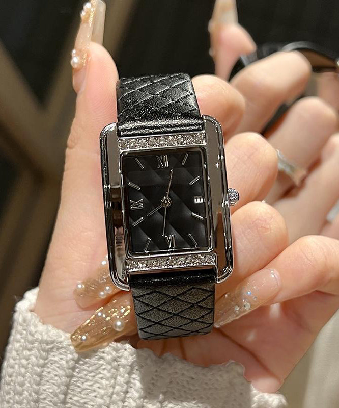 Montre étanche en cuir noir et alliage à carreaux patchwork - Amawinc